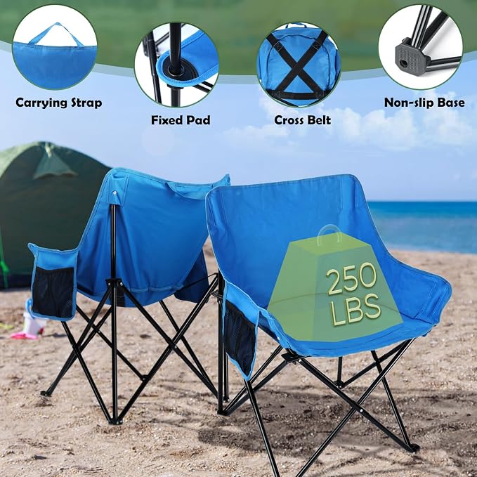 HaSteeL Camping Chair for Adults, Compact Folding Portable Chairs Set with Side Pockets for Outdoors Fishing, Hiking, Backpacking, Picnic, Beach, Travel, Supports to 250lbs, & Storage Bags (Blue) - Image 5
