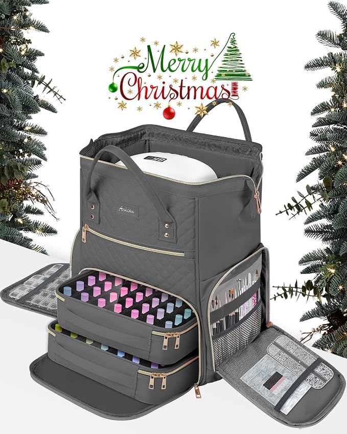 Large Nail Polish Organizer Bag Backpack Holds 70+ Bottles(15ml/0.5 fl.oz) UV Nail Lamp,Nail Organizers and Storage with 2 Removable Pouches Fits Nail Tool,Gift for Manicurist，Grey - Image 2