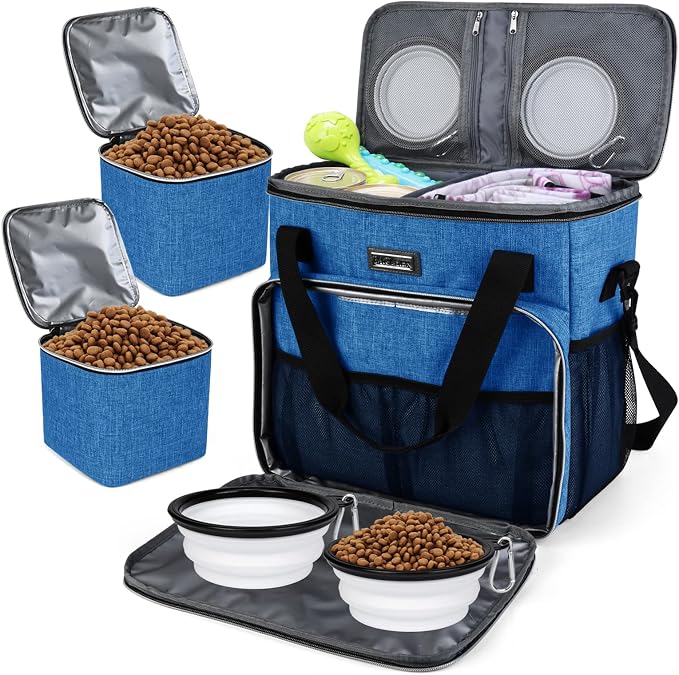 BAGLHER Dog Travel Bag, Pet Travel Bag (ALL Pet Travel Supplies), With 2 Pet Food Containers and 2 Collapsible Silicone Bowls; Essential Kits for Pet Travel Blue by BAGLHER