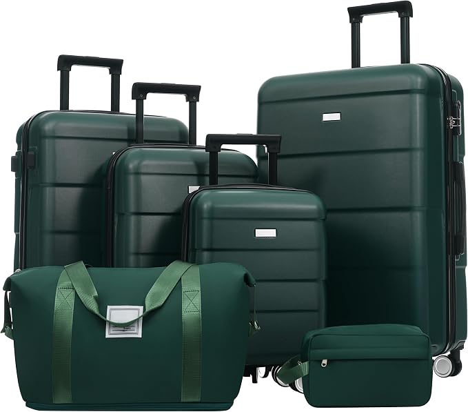 6 Pcs ABS Hardshell Luggage Sets Spinner Wheel Suitcase Lock Suitcases Dark Green by Merax