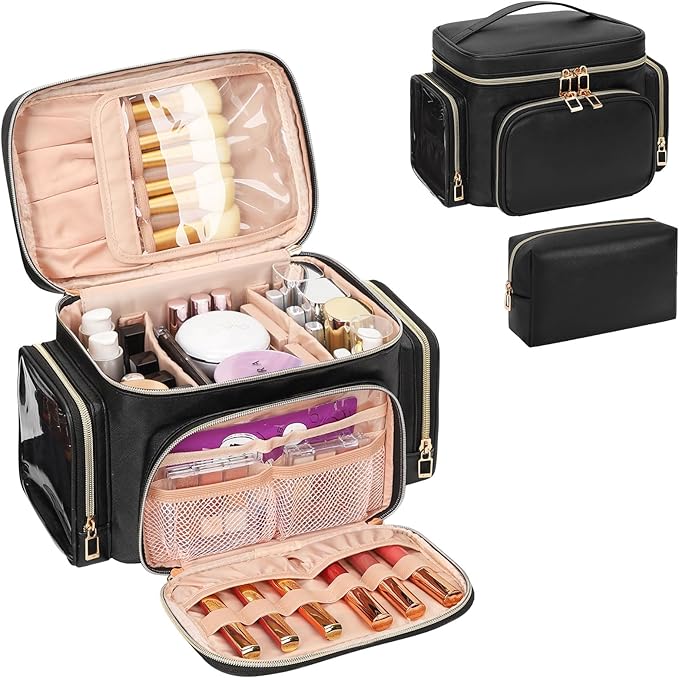 Makeup Bag Set, Portable Travel Makeup Bag Organizer for Women Cute Cosmetic Pouch Large Capacity with Makeup Brush Compartment, Cosmetic Travel Bag with Divider and Handle Toiletry Bag - Black by OrganizeYourMakeup