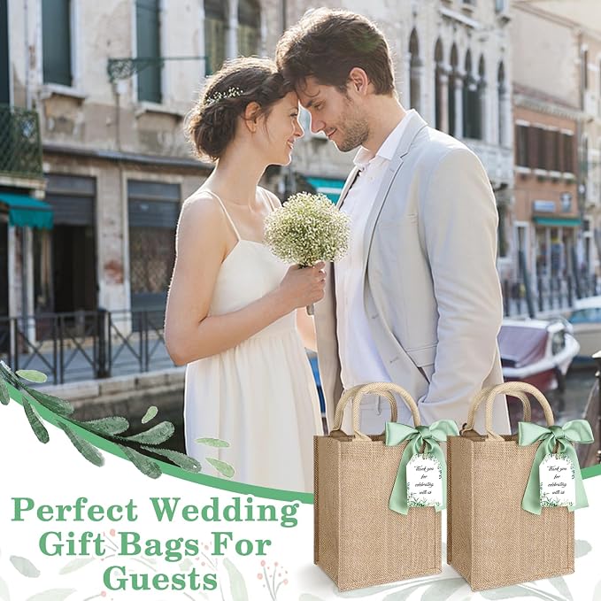 15Pack Burlap Tote Bag Set Reusable Blank Bridesmaid Gift Bags Jute Burlap Grocery Bag with Thank You Gift Tags Chiffon Silk Ribbons for Wedding DIY Invitations Parties and Baby Showers - Image 7