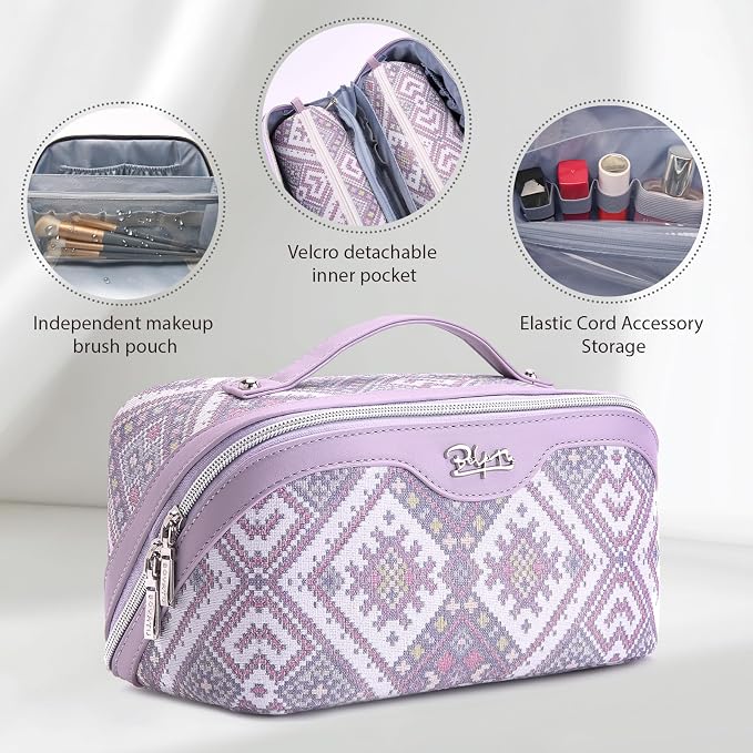 BOYATU Travel Makeup Bag Organizer: Boho Large Capacity Cosmetic Bag Sets | 3Pcs Waterproof Leather Toiletry Bags | 180°Open Flat Make up Case with Compartments | Western Travel Essentials for Women - Image 4