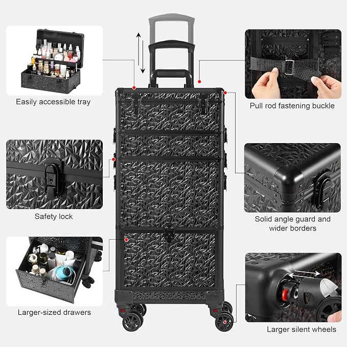 Rolling Makeup Case with Large Drawer, Makeup Train Case with Tray, Cosmetology Case on Wheels, Travel Makeup Case Organizers, Professional for Salon Barber, Nail, Tattoo, Black - Image 5
