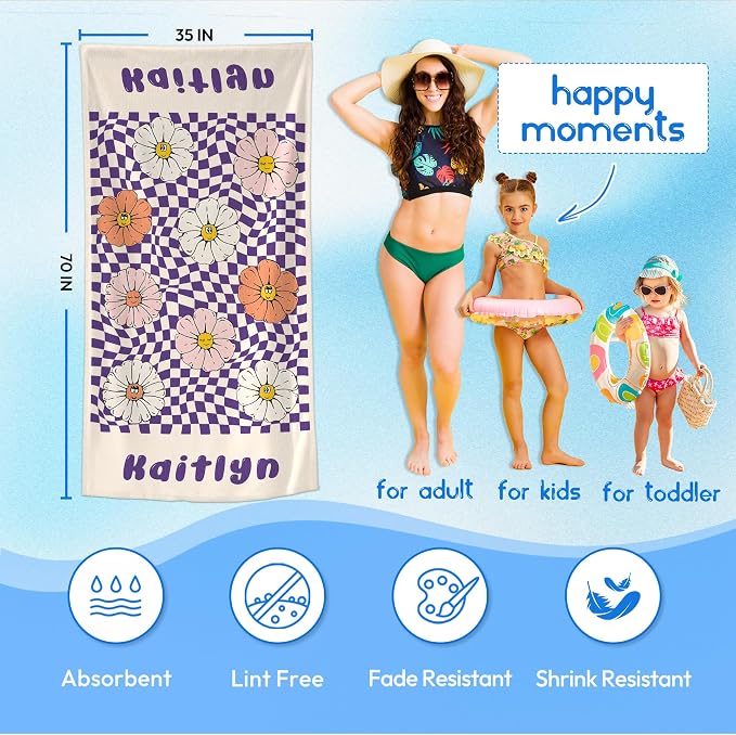 JML Personalized Beach Towel with Name, Custom Flower Beach Towel, Customized Microfiber Pool Towel, Quick Dry & Absorbent Swim Towel for Adult,Anniversary, Birthday, Summer Holiday,Vacation - Image 3