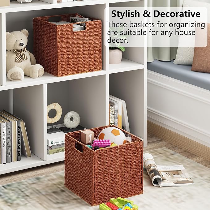 Vagusicc Wicker Storage Basket, Set of 2 Hand-Woven Paper Rope Wicker Basket, Foldable Cube Storage Bins, Square Large Storage Baskets for Organizing Shelves & Decor, Orange (13″×13″×13″) - Image 8