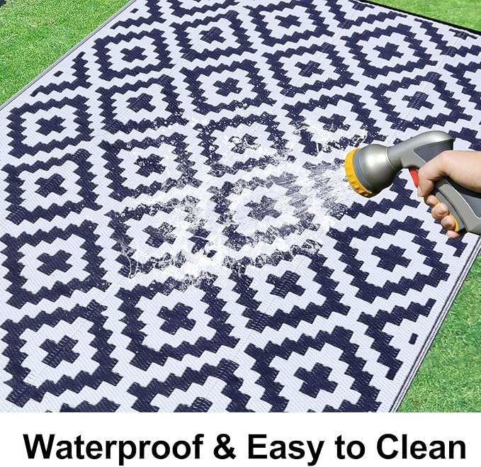 Smiry Waterproof Outdoor Rug 6x9 ft, Reversible Plastic Straw Patio Camping Rugs, Outdoor Indoor RV Mat Carpet for Patio, Outside Entry, Backyard, Deck, Bench, Picnic, Camper, White & Navy - Image 2