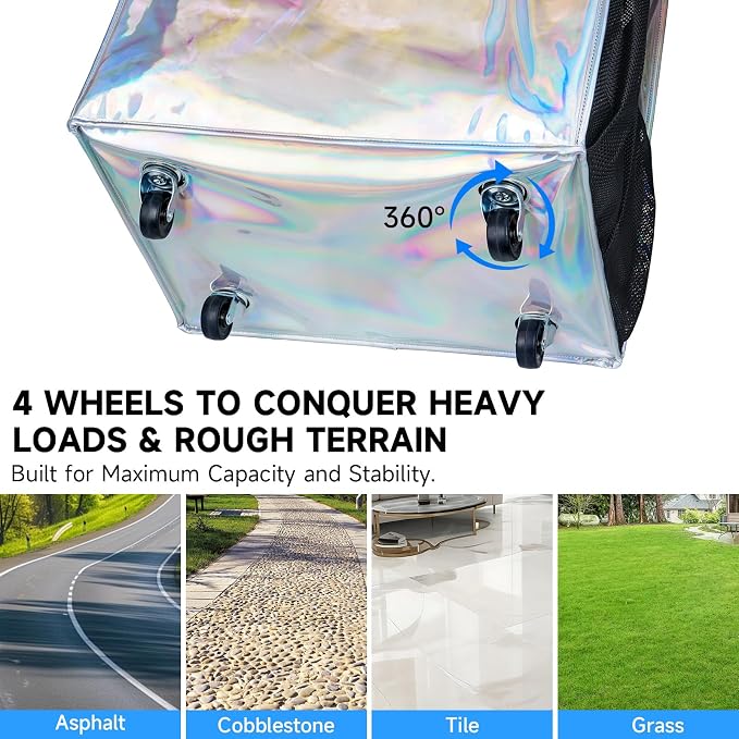 Reusable Grocery Bag On Wheels, 70L Foldable Rolling Tote Bag, Heavy Duty Shopping Cart, Water Resistant, 6 Pockets, Collapsible Portable Shopping Trolley for Travel Camping, Medium Gradient Silver - Image 5