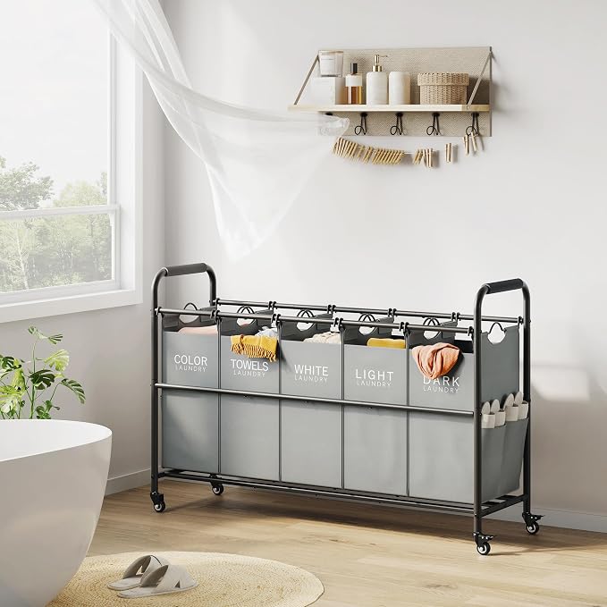 Tajsoon Laundry Sorter, 5 Section Laundry Hamper, Laundry Cart, Grey | 65 Gal Laundry Basket Organizer with Heavy Duty Lockable Wheels and Metal Handle, Large Clothes Hamper for Bathroom, Bedroom - Image 8