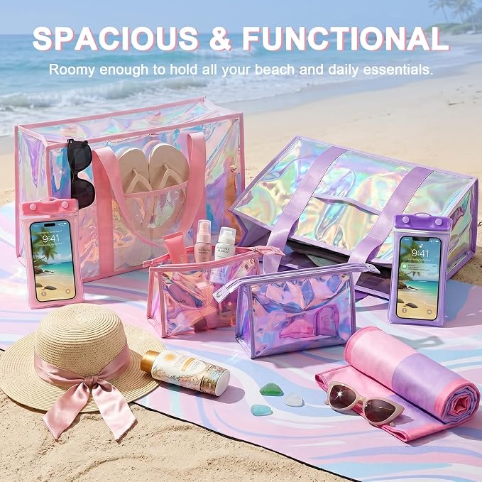 Iridescent Waterproof Beach Tote Bag for Women Large Jelly Tote Bag for Summer Travel Vacation Swim Pool - Image 4