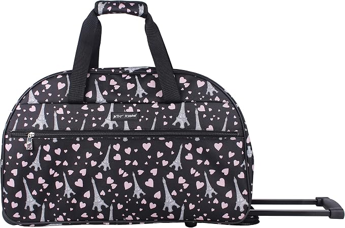 Betsey Johnson Designer Carry On Luggage Collection - Lightweight Pattern 22 Inch Duffel Bag- Weekender Overnight Business Travel Suitcase with 2- Rolling Spinner Wheels (Paris Love) - Image 2