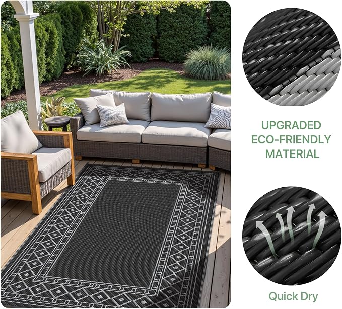 GENIMO Outdoor Rug, Waterproof Plastic Rugs for Patio, 5'x8' Black Grey | Outside Larger Modern Carpet Mat for Porch Decor, Deck, Balcony, Camping, RV, Backyard, Picnic, Beach, Reversible - Image 7