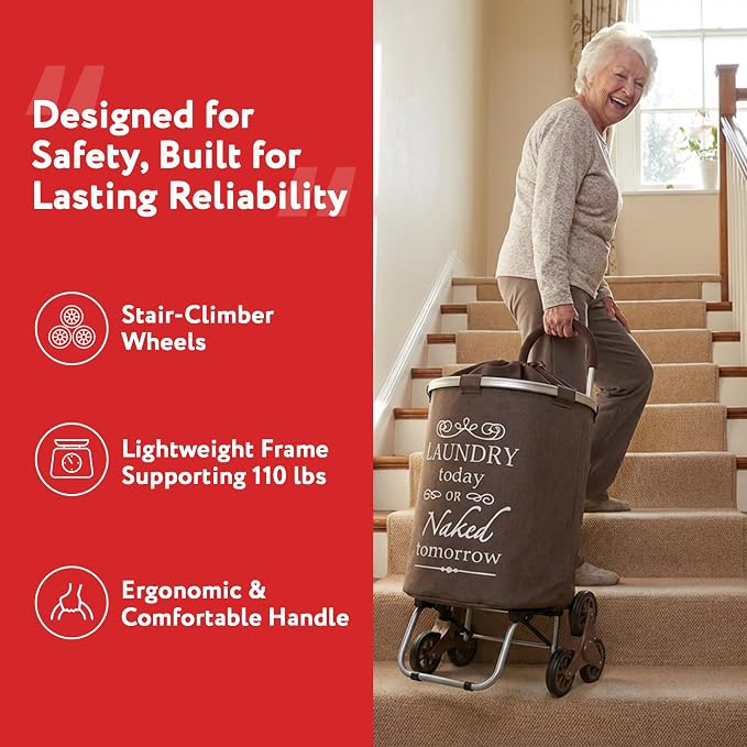 dbest products Stair Climber Laundry Trolley Dolly, Brown Laundry Bag Hamper Basket cart with wheels sorter - Image 5