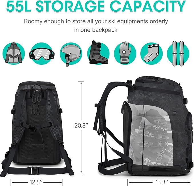 Ski Boot Bag, 55L/70L Waterproof Ski and Snowboard Boots Travel Backpack for Skis, Snowboard, Ski Helmet, Goggles, Gloves & Accessories - Image 2