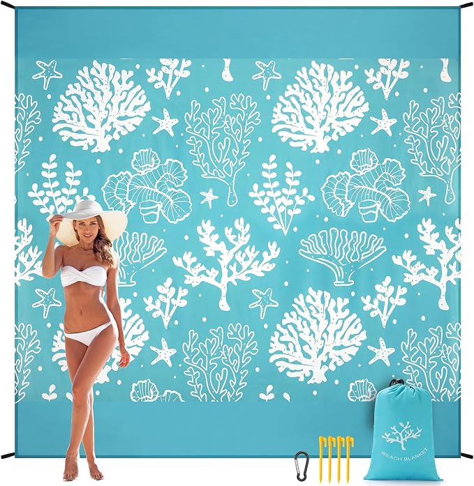 WIWIGO Beach Blanket Sandproof Extra Large Beach Mat Adults Waterproof Quick Drying Sand Free Mat Made by Premium Polyester with 4 Stakes & 4 Corner Pockets for Outdoor Travel Camping Hiking by WIWIGO