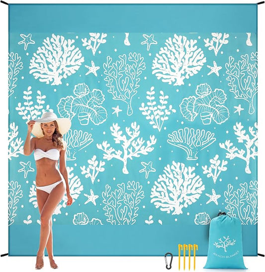WIWIGO Beach Blanket Sandproof Extra Large Beach Mat Adults Waterproof Quick Drying Sand Free Mat Made by Premium Polyester with 4 Stakes & 4 Corner Pockets for Outdoor Travel Camping Hiking by WIWIGO