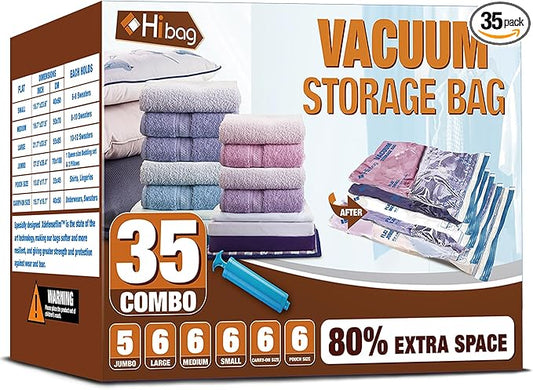Vacuum Storage Bags, Space Saver Vacuum Seal Storage Bags 35-Pack Sealer Bags for Clothes, Clothing, Bedding, Comforter, Blanket (35C) | Various Size, Airtight Triple Seal, Save 80% Space, Hand Pump, Work with Vacuum, Double Zip, Reusable, Easy to Use by HIBAG
