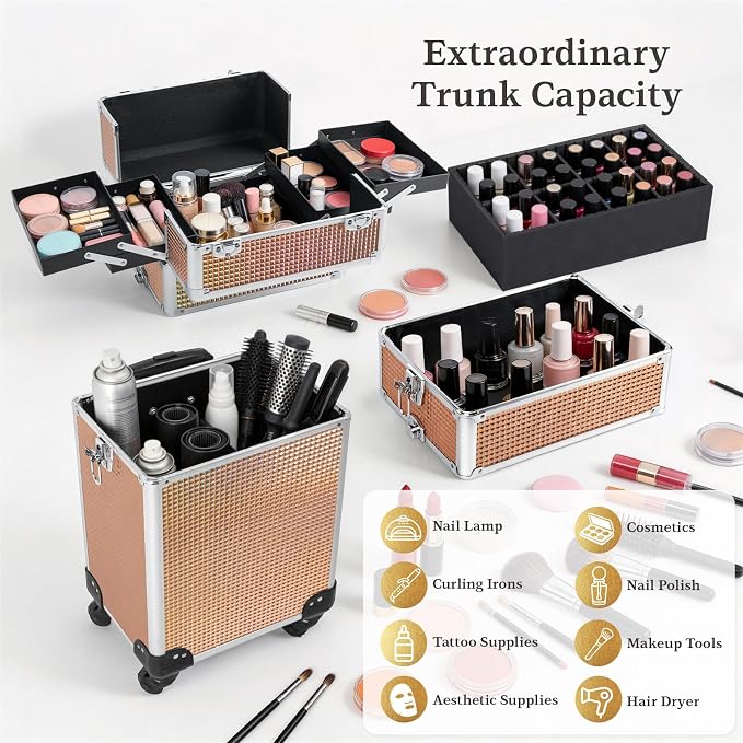4 in 1 Makeup Train Case - Professional Cosmetology Case on Wheels, Large Transformable Makeup Train Case & Barber Case, Portable rolling makeup case & Makeup Cart, Rose Gold - Image 2