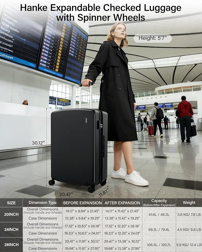 Hanke Expandable Hard Shell Luggage Sets 3 Pieces, 20/24 / 28 Inch Luggage Sets with Spinner Wheels, Durable PC Hardside Rolling Suitcase with TSA Lock for Travel (20/24/28 Inch, Jet Black) - Image 2