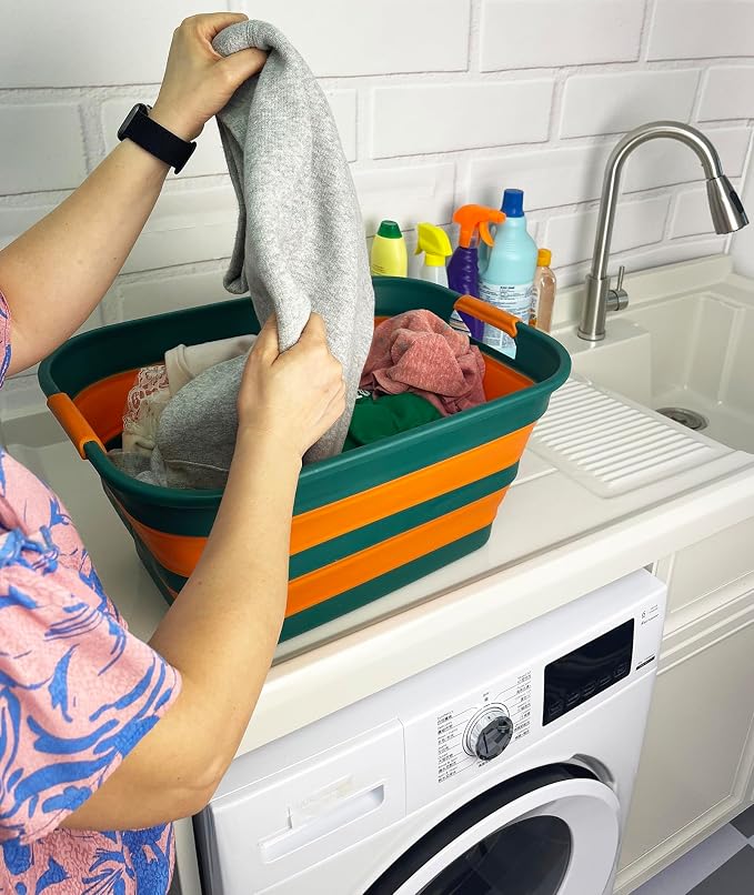 SAMMART Collapsible Plastic Laundry Basket with Handle/Foldable Pop Up Storage Hamper/Portable Laundry Organizer-Space Saving Washing Tub/Household Storage (Teal Green/Autumn leaf, 27L) - Image 4