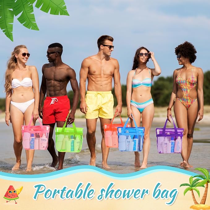 6 Pcs Mesh Beach Bags Bulk Portable Mesh Shower Caddy Bags with Zipper & 2 Pockets Hanging Toiletry and Bath Organizer for Beach Gym Camp Swimming Travel College Dorms (Fluorescent Color) - Image 6