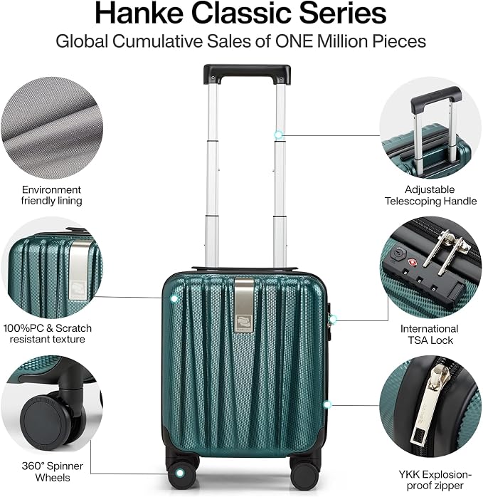 Hanke 14 Inch Underseat Carry On Luggage with Wheels Hard Shell Suitcases Lightweight Small Luggage for Weekender Mini Suitcase Carry On Bag Travel Luggage for Travel Rolling Suitcase.(Blackish Green) - Image 3