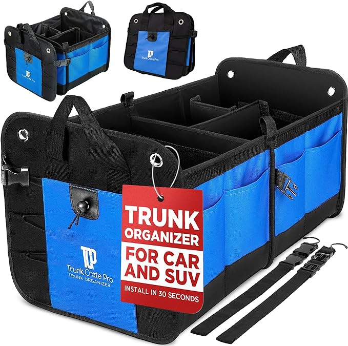 Blue Car Cargo Trunk Organizer for SUV & Auto Storage, Large | Fits Cars, SUVs & Trucks Organizes Sports Gear Keeps Cargo Secure Easy Everyday Storage Space-Saving Car Accessories by TRUNKCRATEPRO