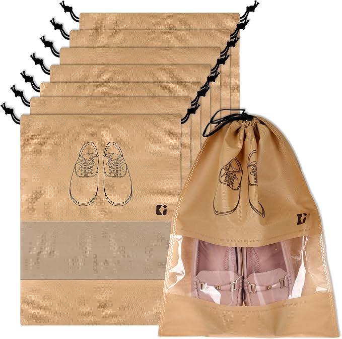 Kuber Industries Pack of 8 Shoe Bags | Shoe Bags for Travel | Non-Woven Shoe Storage Bags | Storage Organizers Set | Shoe Cover with Transparent Window | Shoe Dori Cover | Beige by Kuber+Industries