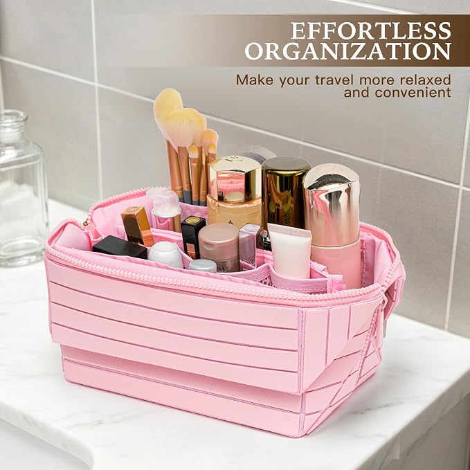 Minoisome Travel Makeup Bag,PU leather toiletry bag,make up organizer case for women,Large Capacity Cosmetic Bag,Wide-open Pouch Purse，Toiletries Accessories，Fold-Down Design and Adjustable Dividers. - Image 3