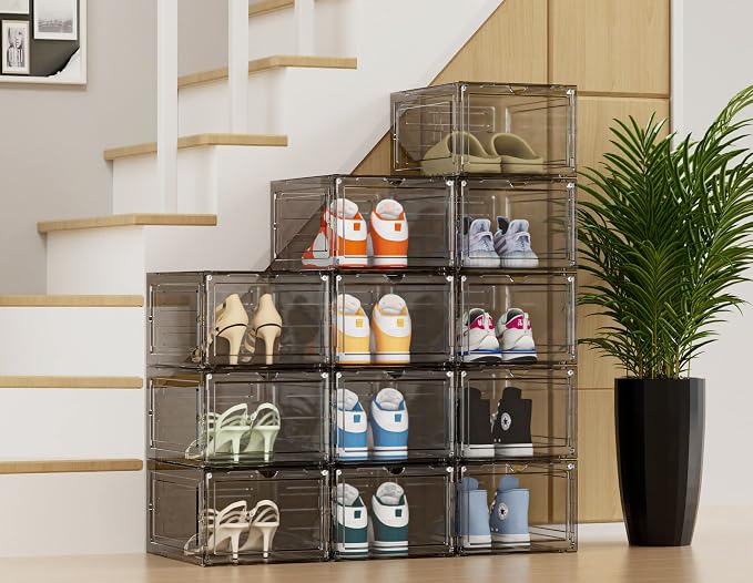 HOMIDEC Shoe Storage, 6 Pack Shoe Organizer Hard Plastic Shoe Box, Shoe Boxes Clear Plastic Stackable, Shoe Boxes with Lids for Size 13, Clear Smoke - Image 2