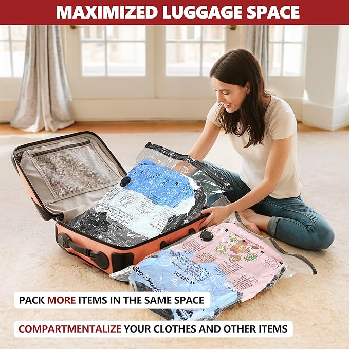 Vacuum Seal Bags for Clothing Travel and Home Storage, Travel Vacuum Bags with Electric Pump, Space Saver Compression Packing Cubes for Luggage Suitcase Bedding Blankets Clothes, 10 Large - Image 5