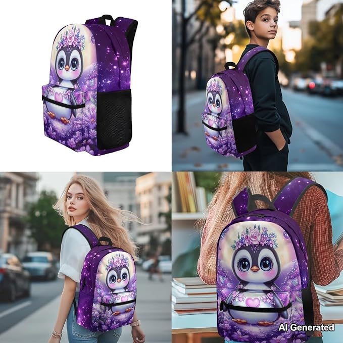 Cute Penguin Elementary School Backpack for Girls, Purple Girls Bookbag with Lunch Box, 4 Piece 17" Kids Bookbag Set with Lunch Box, Pencil Pouch & Leak-Proof Water Bottle Sleeve - Image 4