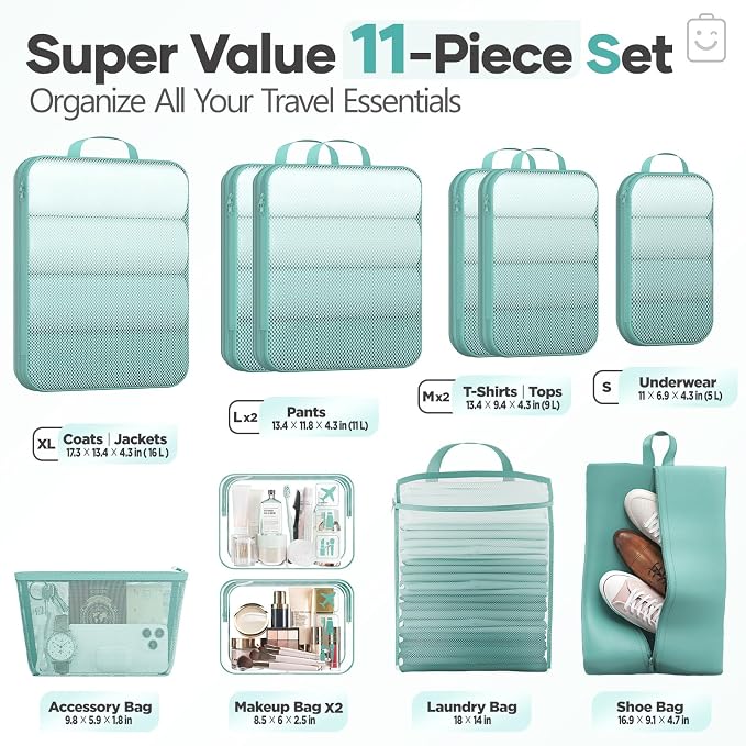 Veken 11 Set Compression Packing Cubes for Travel Essentials,Compressible Expandable Luggage Suitcase Organizer Bags with Garment Bag,Space Saver Bags with Over 1000 pcs of Mesh Holes(Blue Green) - Image 2