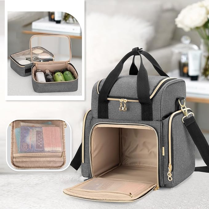 LUXJA Travel Makeup Bag with 2 Removable Makeup Cases, Gray | Large Cosmetic Bag with Multiple Storage Sections, 3 Detachable Dividers, Detachable Shoulder Strap, Trolley Sleeve - Image 3