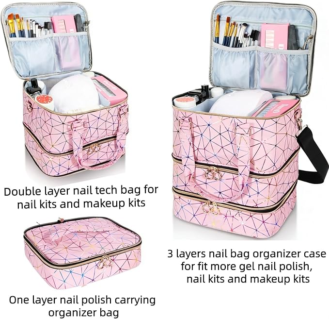 Nail Polish Organizer Bag Holds 84 Bottles & Nail Lamp, 3 Layers Nail Kit Storage Carrying Case Pu Leather, Large Nail Supplies Organizer With Shoulder Strap, Portable Travel Nail Bag,Pink - Image 3