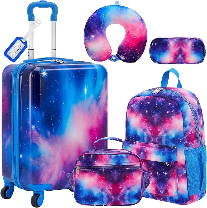 Redbaker 6 Pcs Kids Luggage Set, 17 Inch Rolling Suitcase with Backpack Lunch Bag Neck Pillow, Starry Sky Travel Set for Summer Vacation Sleepover Back to School Gift by Redbaker