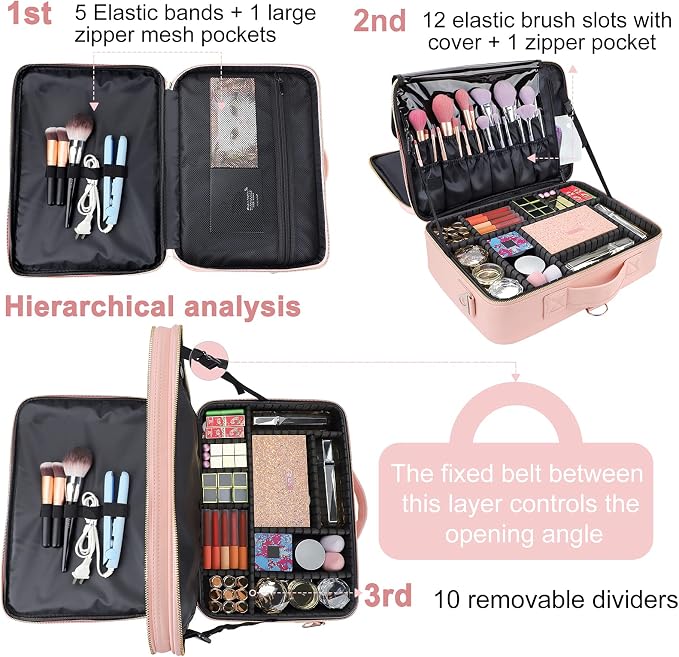 Travel Makeup Train Case,Large Capacity Cosmetic Bags for Women,Portable Makeup Bag Organizer with Adjustable Dividers & Shoulder Strap(Pink, L) - Image 3