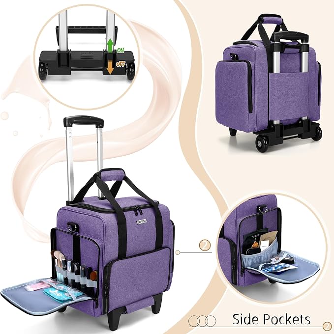 BAFASO Rolling Makeup Case with 3 Removable Pouches, Purple | with 1 Makeup Brush Bag, Professional Makeup Train Case Cosmetic Bag with Detachable Dolly (Patented). - Image 4