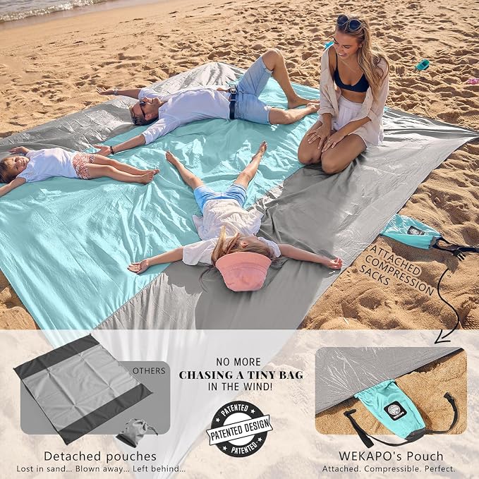 WEKAPO Beach Blanket Sandproof Waterproof, Extra Large Beach Mat, Oversized & Compact Sand Free, Quick Drying Beach Essentials for Vacation, Cruise, Picnic & Camping with Stakes - Image 3
