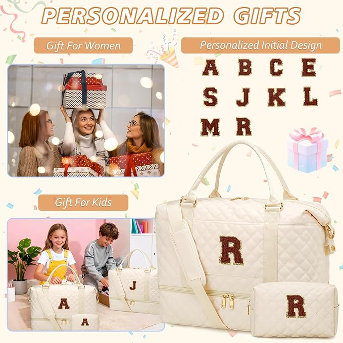 Gifts for Women Initial Travel Duffle Bag Quilted Weekender Bags Carry-On Overnight with Cosmetic Bag, Gym Bag with Shoe Compartment Hospital Bag for Women Labor Delivery, Beige-R - Image 3