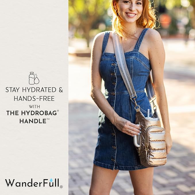 WanderFull Original HydroBag HANDLE®, Zipper for Handle, 40 oz Water Bottle Holder w/Strap, Crossbody Carrier Bag w/Phone Pocket, Tumbler Accessories - Gold Shiny w/Striped Strap - Image 2