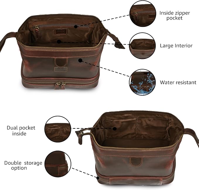 LEATHER VILLAGE Genuine Leather Dopp Kit – Large Travel Toiletry Bag with Waterproof Lining, Dual-Zip Design for Men & Women, Organizer for Shaving, Makeup & Essentials - Cherry - Image 4