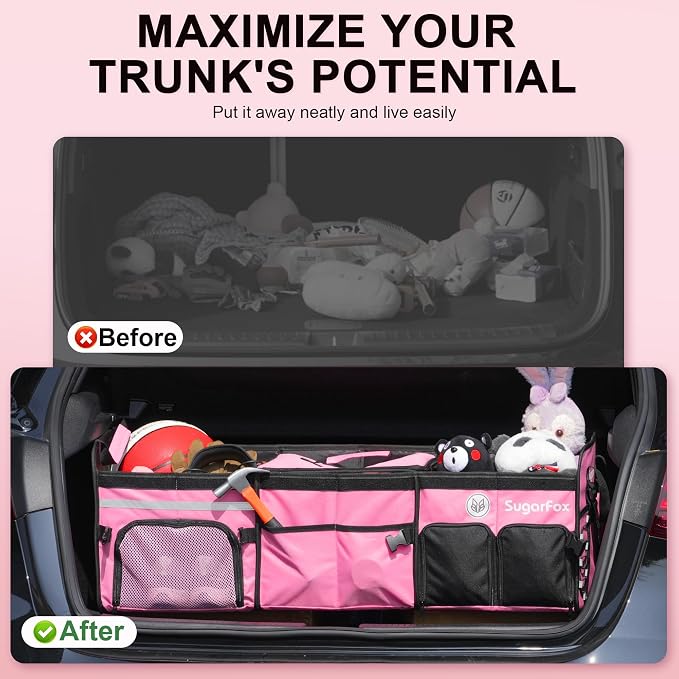 SugarFox Bold Color Block Trunk Organizer | 95L, 35"x13.8"x11.8" | Dedicated Shoe Storage & 26L Ice Pack | Foldable for SUV/Car/Jeep | Stylish Gift & Car Accessories for Men & Women - Pink-X212 - Image 7