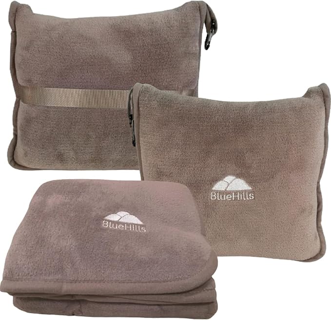 BlueHills Premium Soft Travel Blanket Pillow 2 in 1 Airplane Flight Taupe | Must Have Airplane Essentials, Luggage Belt & Carabiner, Matching Soft Case, 2 in 1 Travel Blanket Pillow Combo, Travel Gift by BlueHills