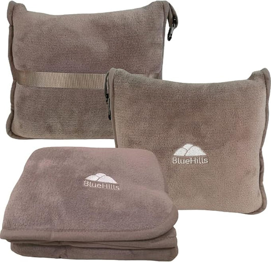 BlueHills Premium Soft Travel Blanket Pillow 2 in 1 Airplane Flight Taupe | Must Have Airplane Essentials, Luggage Belt & Carabiner, Matching Soft Case, 2 in 1 Travel Blanket Pillow Combo, Travel Gift by BlueHills