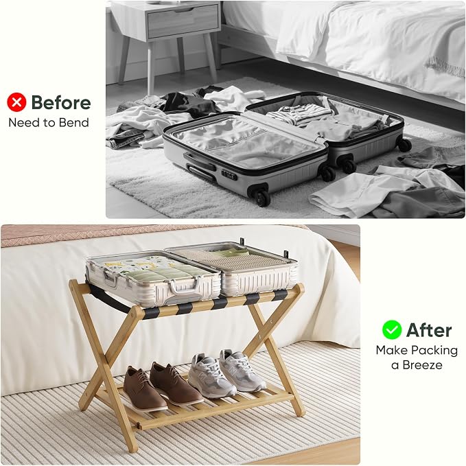 Smart FENDEE Fully Assembled Luggage Racks Pack of 2, Folding Suitcase Stand with Storage Shelf, Bamboo Luggage Stand with 5 Nylon Straps for Guest Room, Bedroom, Heavy Duty, Natural - Image 3