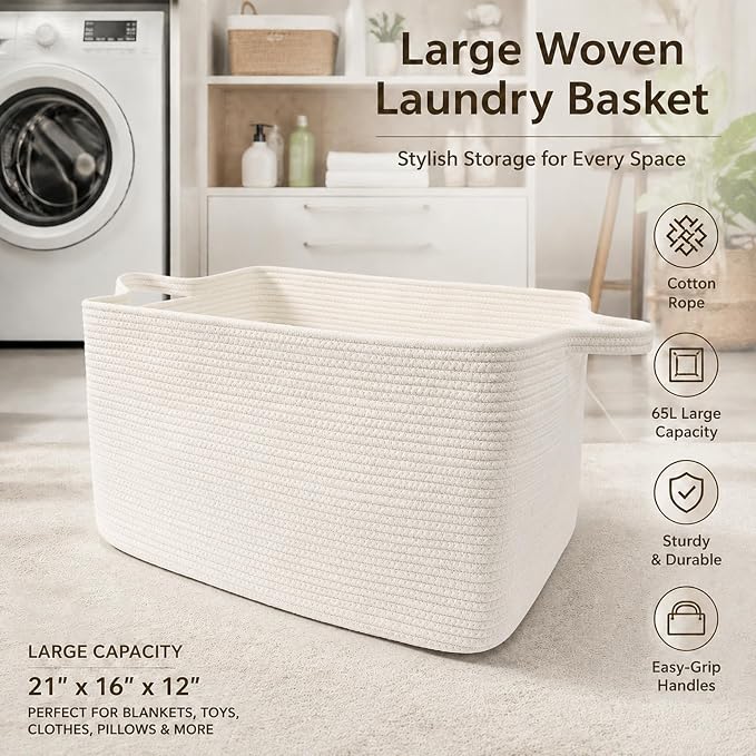 65L Collapsible Woven Rope Laundry Basket with Handles, White | 21x16x12 Foldable Rectangular Blanket Basket for Toys, Clothes & Pillows,Ideal for Nursery, Bathroom, Bedroom, Living Room - Image 5