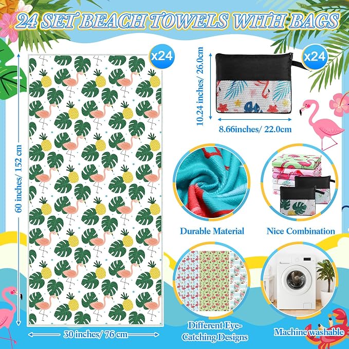 Peryiter 48 Pcs Microfiber Beach Towel with Bags Bulk, 24 Large Quick Dry Pool Towels and 24 Storage Bags, 30 x 60 Inch Flamingo Blanket for Beach Swimming Summer Party Camping Travel Women - Image 2