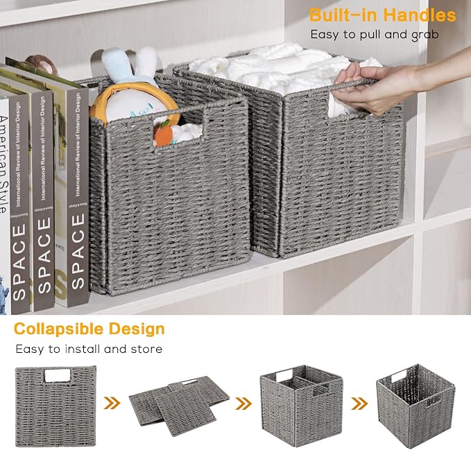 Vagusicc Storage Basket, Set of 2 Hand-Woven Paper Rope Wicker Baskets for Storage, Foldable Cube Storage Bins Organizer, 9 inch Medium Wicker Storage Baskets for Shelves Pantry Organizing Decor, Grey - Image 6