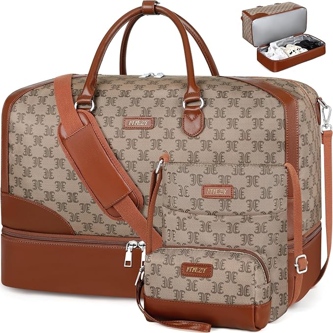 ITIEZY Weekender Overnight Bag for Women - Large Travel Duffel Bag with Shoe Compartment, Gym Duffel Bag Hospital Bag Carry On Tote Bags for Airplanes with Crossbody Bag Toiletry Bag 3Pcs Set by ITIEZY